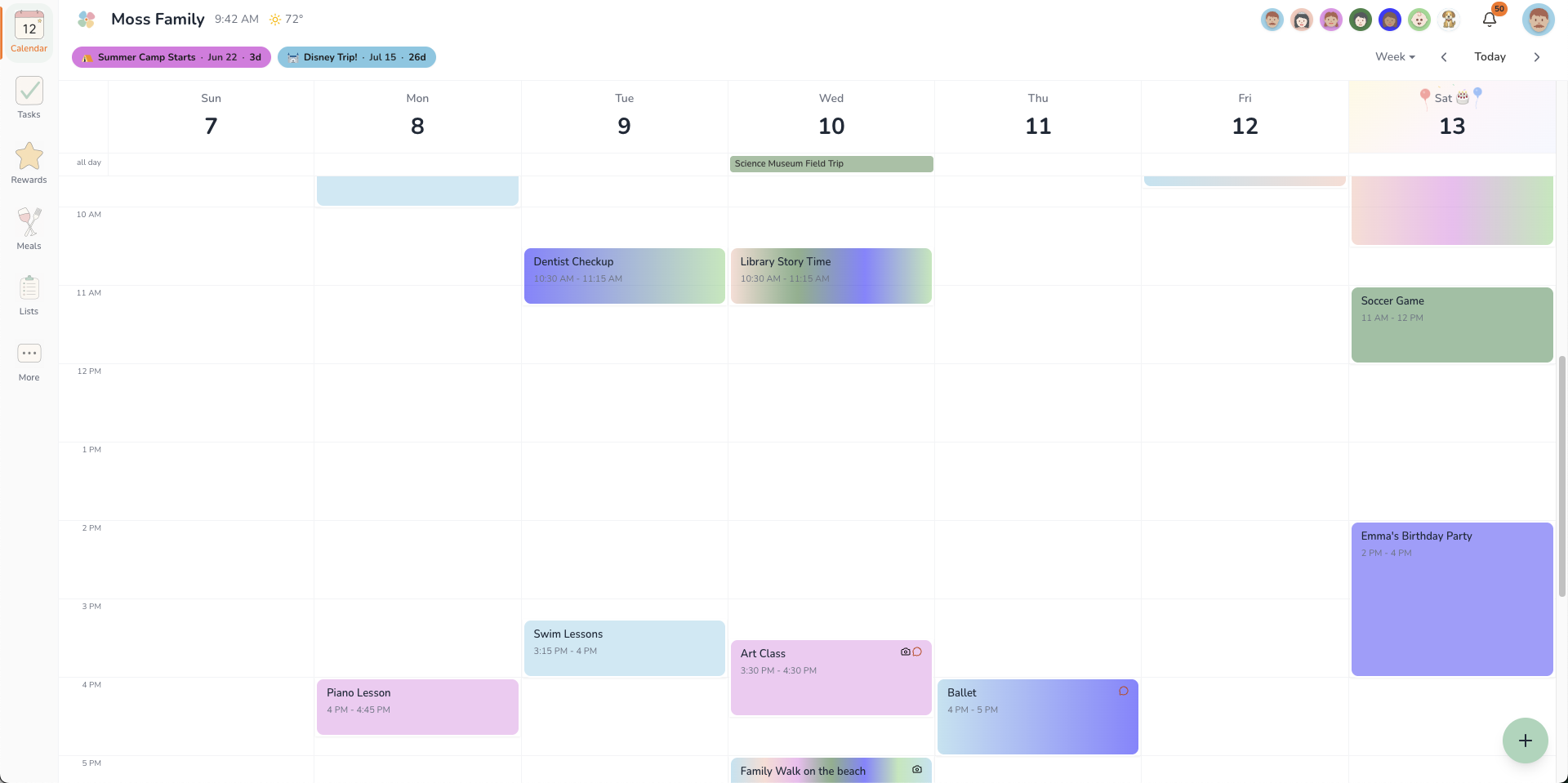 A full week view color-coded by family member.
