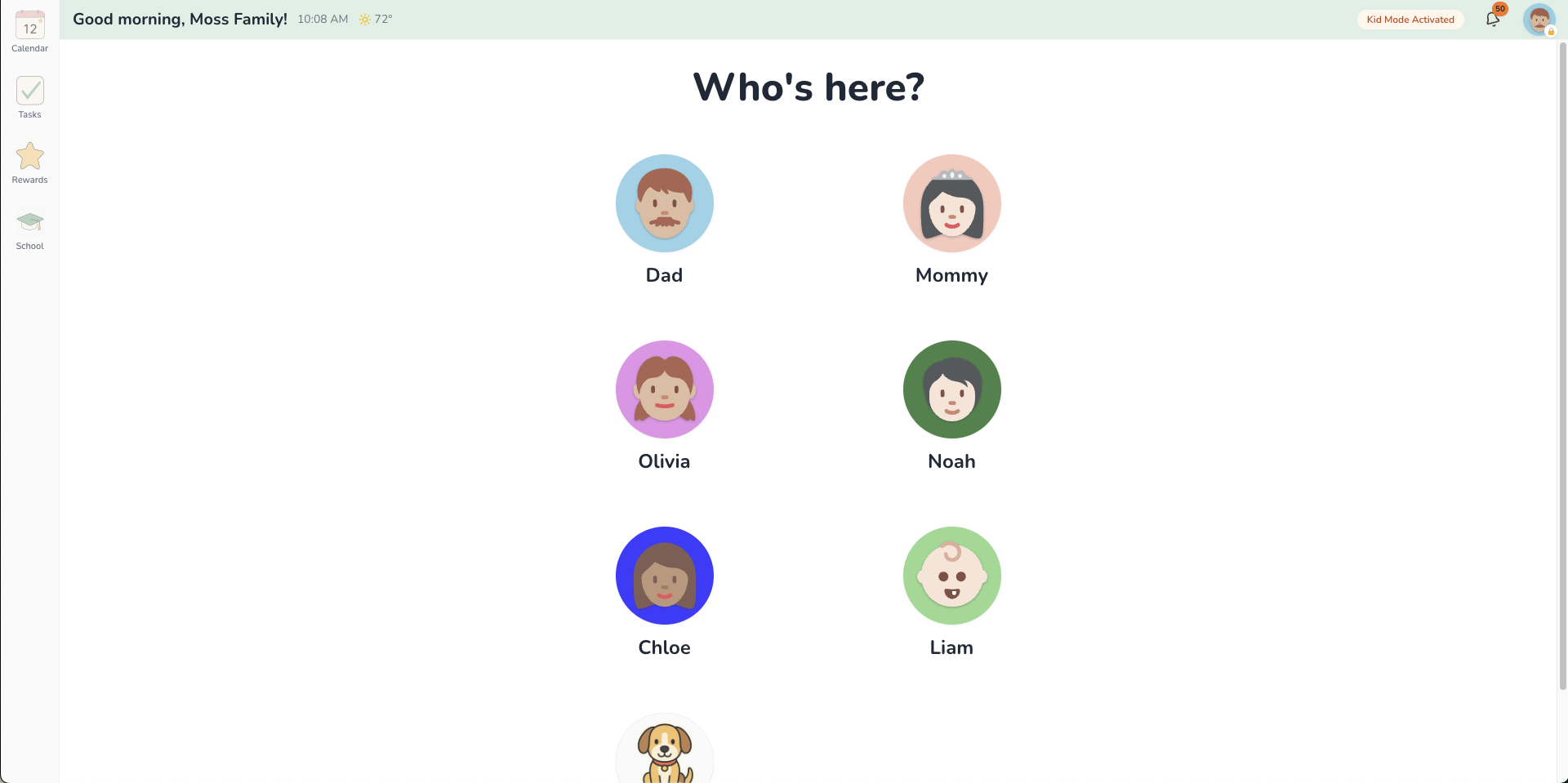The Kid-Safe home screen with each child’s avatar, ready to tap.