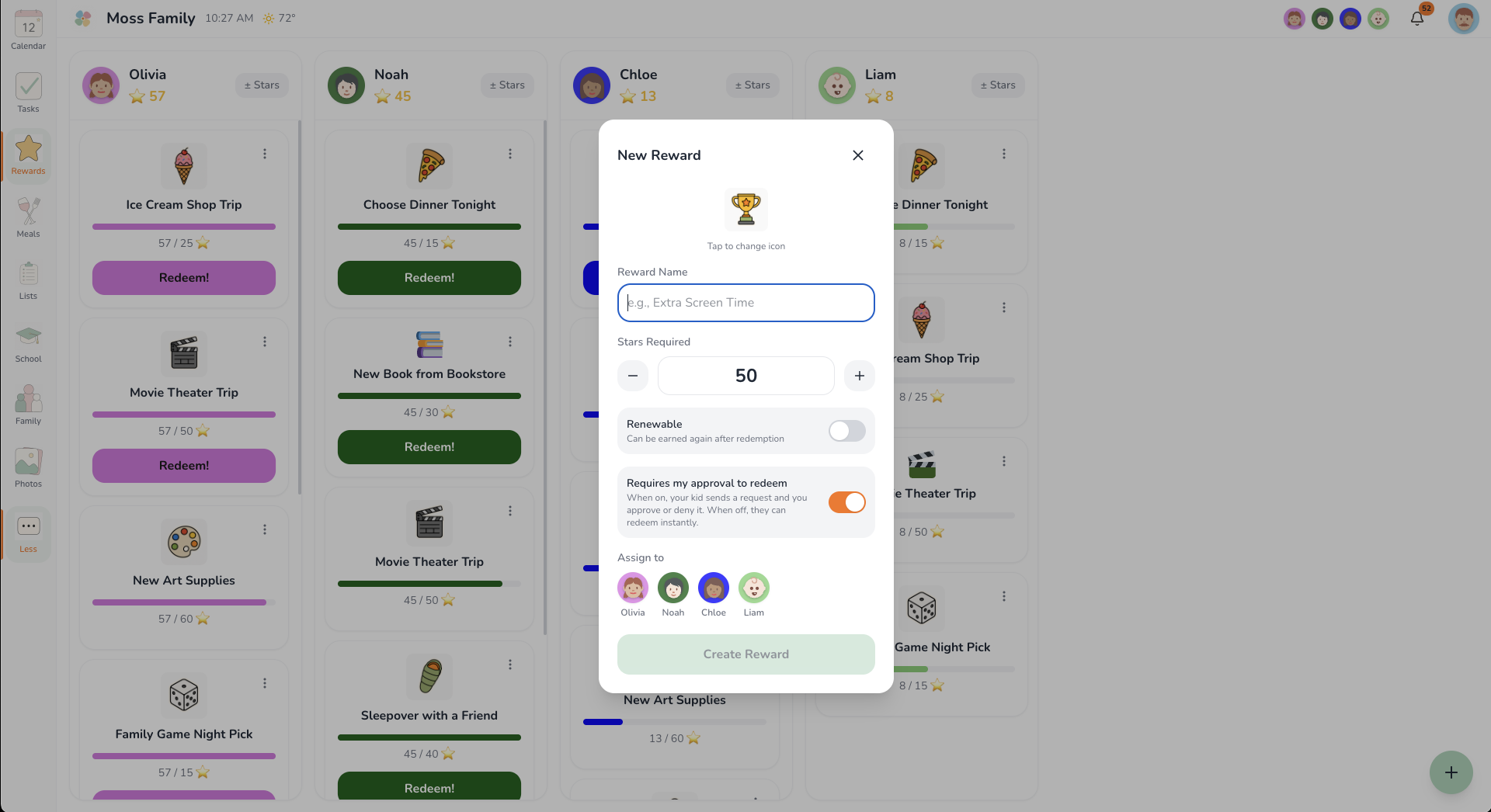 Creating a reward and setting its star price, choosing from the icon library.
