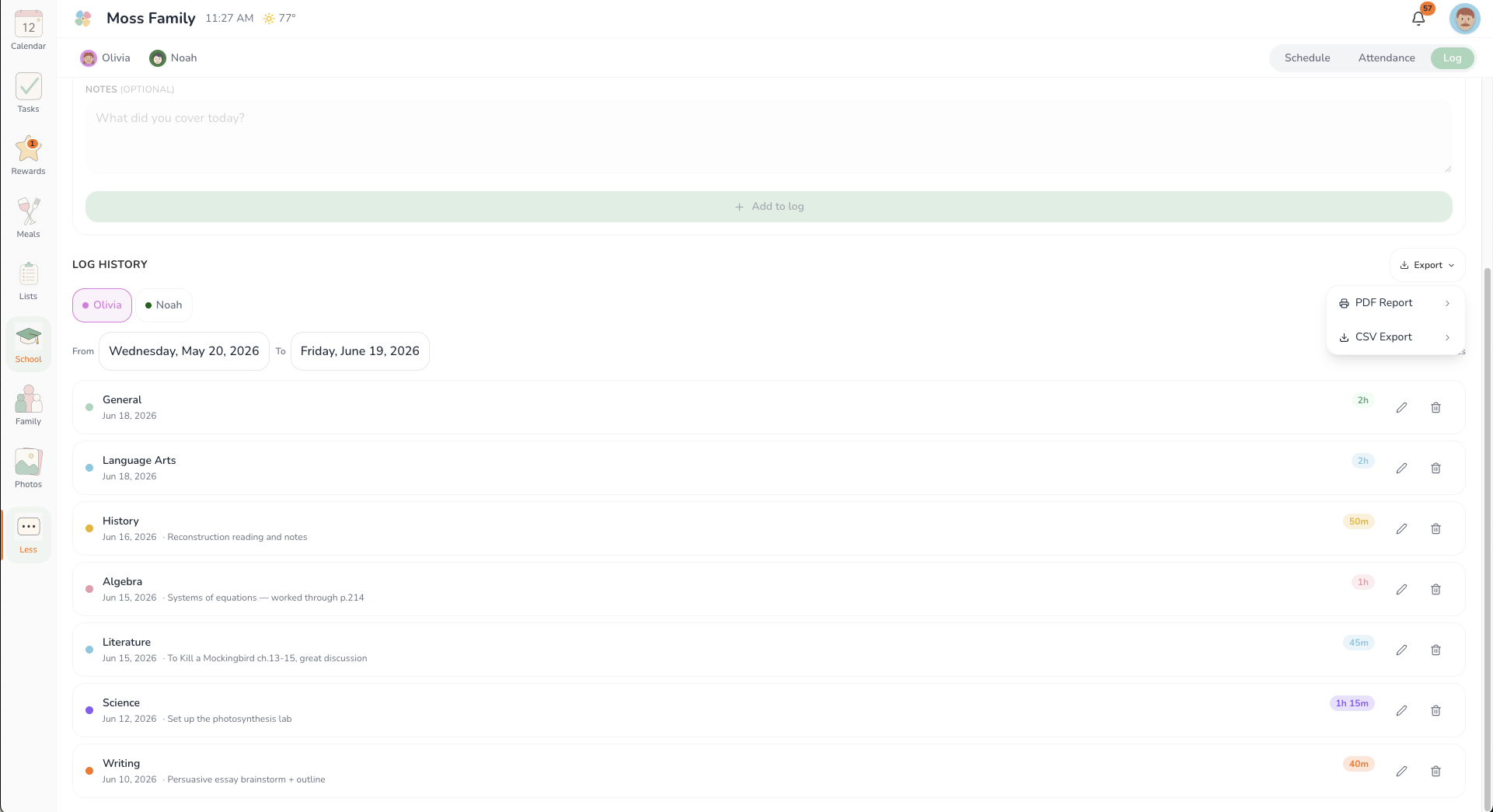 The export menu showing CSV and printable PDF options for attendance and logs.